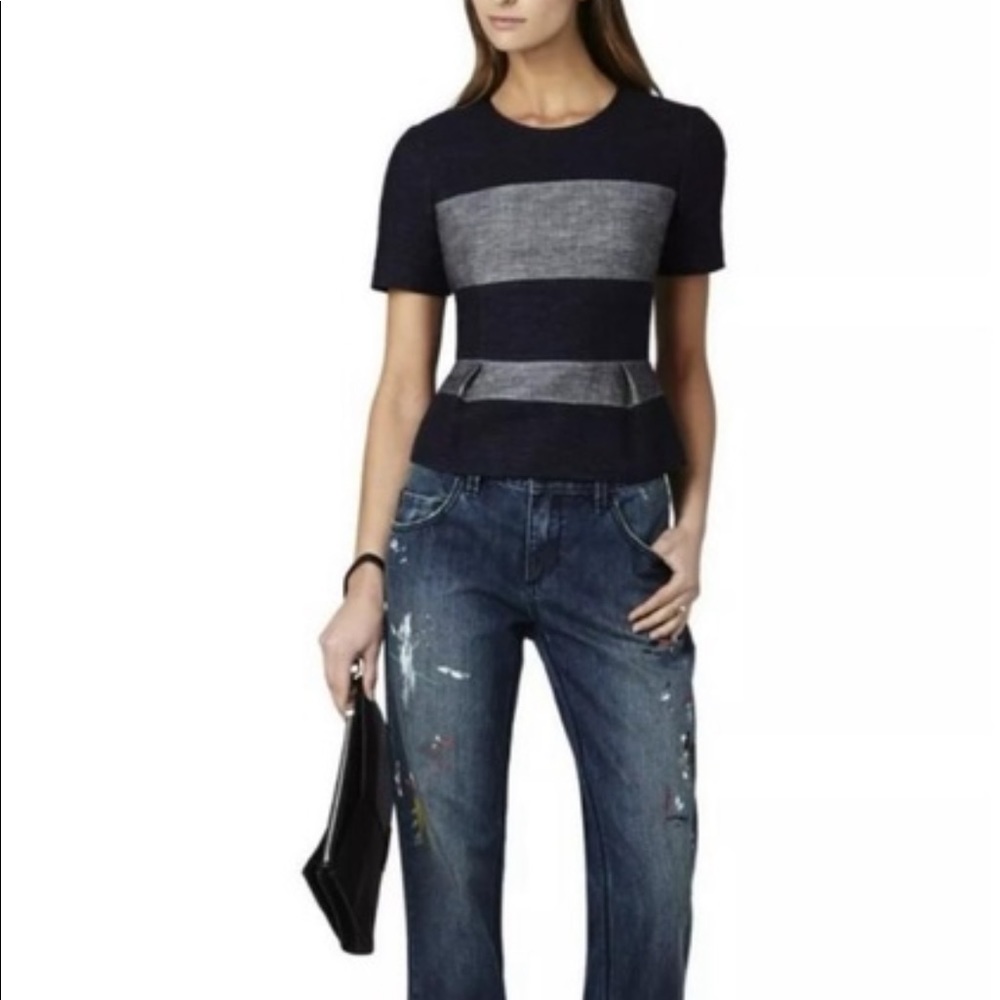 BCBG Necole Blocked Blue Denim/ Chambray Peplum Top. Small